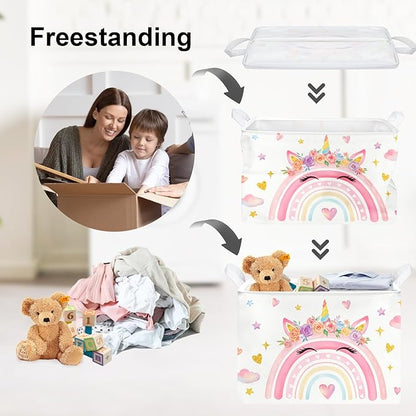 Clastyle Adorable Rainbow Laundry Basket Kids Clothes Book Storage Basket Gift Toy Box for Bedroom Decor,Unicorn,40x30x30 cm