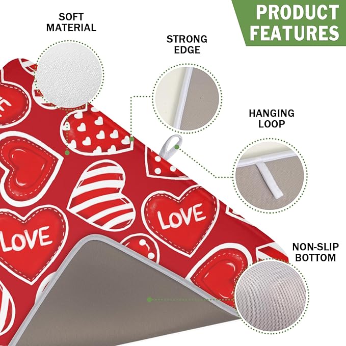 Valentines Day Dish Drying Mat for Kitchen Counter Red Polka Dot Stripe Love Heart Pattern Drying Mat 16x18 Inch Valentines Holiday Absorbent Dish Drainer Mat Kitchen Accessories