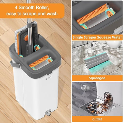 Mop and Bucket with Wringer Set for Home,61" Flat Mop and Bucket System for Floor Cleaning,Wet Dry Mop Window Wall Cleaner with Long Handle,Floor Mop with 4 Washable Microfiber Pads