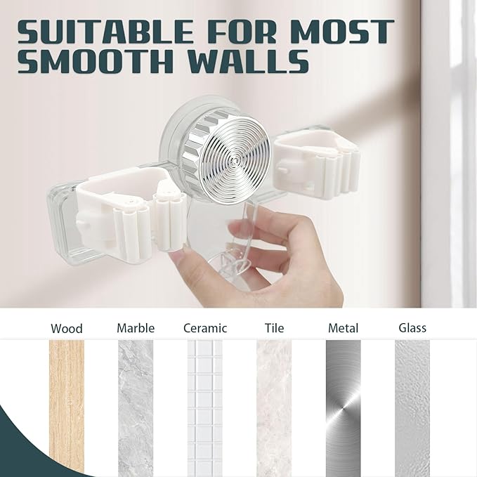 Self Adhesive Broom Holder Wall Mount, No Punching Heavy Duty Broom and Mop Organizer, Non-slip Mop Hanger with 2 Slots & 1 Hook for Bathroom Kitchen Laundry Room (Clear)