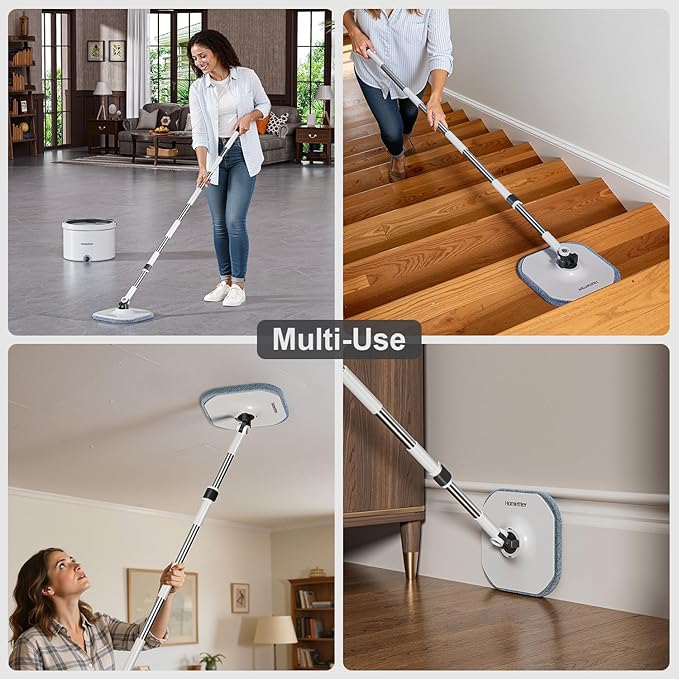 Mop and Bucket Set, Dual-Tank Clean/Dirty Water Separation, with Triangular Head & 4 Microfiber Pads for Deep-Cleaning Floors, Versatile Mops for Walls