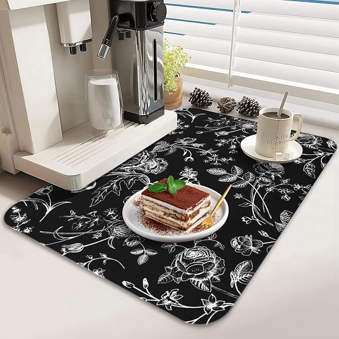 Dish Drying Mat for Kitchen Counter 2 Pack with Non-Slip Rubber Backing - Heat-Resistant Absorbent Coffee Bar Mat, Dish Rack Mat, Black Flower Dish Drying Mats 18x24+19.5x12 inch