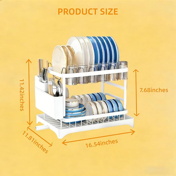 2 Tier Dish Drainers Drying Rack for Kitchen Counter Dishes Drain with Drainboard, Space Saving, Countertop Dryer Strainer Holder and Extra Tray, White