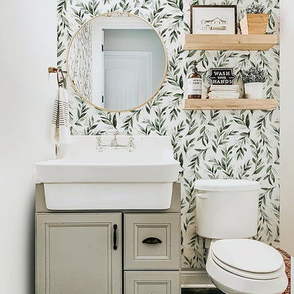 Livebor Green Leaf Wallpaper Peel and Stick Olive Leaf Contact Paper 17.7inch x 393.7inch Green Peel and Stick Wallpaper Modern Farmhouse Wall Paper for Bathroom Neutral Sage Decorative Vinyl
