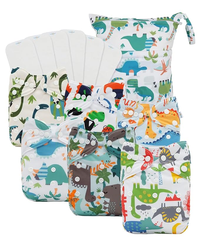babygoal Dinosaur Cloth Diapers Pack of 13, Baby Reusable Washable Pocket Nappy, 6pcs Diapers+6pcs Rayon from Bamboo Inserts+Wet Bag