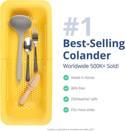 BLUE GINKGO Over the Sink Colander Strainer Basket - Wash Vegetables and Fruits, Drain Cooked Pasta and Dry Dishes - Extendable - New Home Kitchen Essentials (Yellow, 1 Pack)