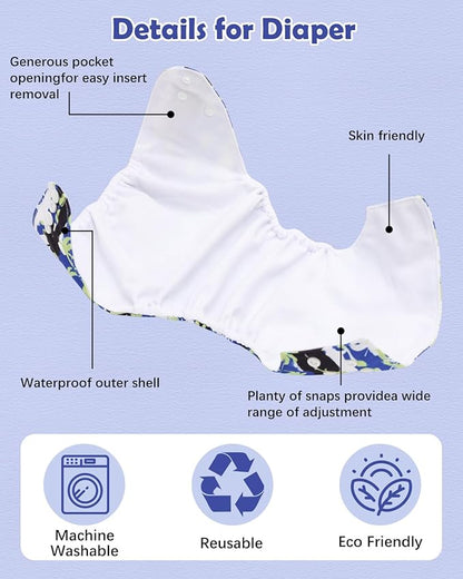 Babygoal Baby Cloth Diaper 6 Pack with 6pcs Inserts and Wet Bag for Fitted Diapers and Prefolds, Adjustable and Reusable Covers for Toddler Boys and Girls