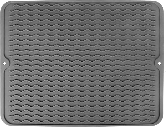 Silicone Dish Drying Mat, Easy Clean, Eco-Friendly, Heat-Resistant, Grey, Food-Grade Silicone Dish Drying Mat for Kitchen Counter, Dishes, Refrigerator or Drawer Liner (16” x 12”)