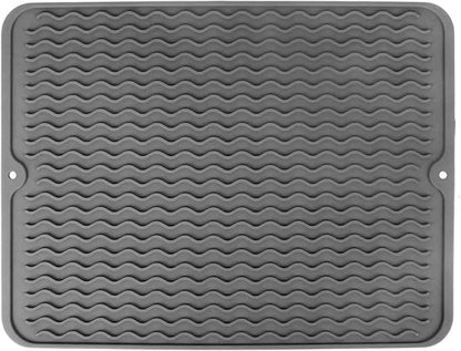 Silicone Dish Drying Mat, Easy Clean, Eco-Friendly, Heat-Resistant, Grey, Food-Grade Silicone Dish Drying Mat for Kitchen Counter, Dishes, Refrigerator or Drawer Liner (16” x 12”)