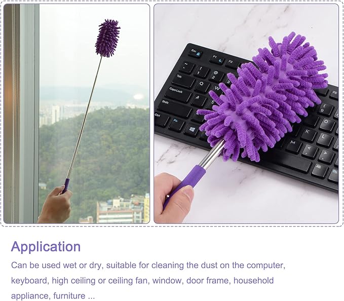 MECCANIXITY Chenille Cleaning Duster, 11 to 31 Inch Washable Extendable Brush for Window, Furniture, Ceiling Fan, Purple Pack of 3