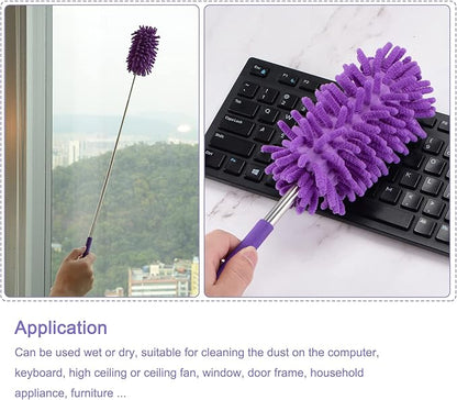 MECCANIXITY Chenille Cleaning Duster, 11 to 31 Inch Washable Extendable Brush for Window, Furniture, Ceiling Fan, Purple Pack of 3
