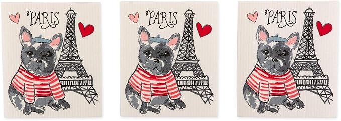 DII Swedish Dishcloths for Kitchen & Cleaning, Reusable, Machine Washable & Dishwasher Safe, Biodegradable, 7.75 x 6.75, Dog in Paris, 3 Piece