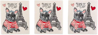 DII Swedish Dishcloths for Kitchen & Cleaning, Reusable, Machine Washable & Dishwasher Safe, Biodegradable, 7.75 x 6.75, Dog in Paris, 3 Piece