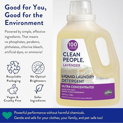 The Clean People Liquid Laundry Detergent - Recyclable Packaging, Stain Fighting - Ultra Concentrated, Laundry Soap - Lavender, 100 Loads