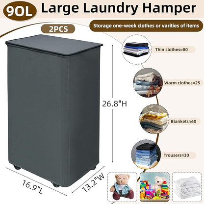 2 Pack 90L Collapsible Laundry Basket with Wheels Large Rolling Laundry Hamper with Lid and Removable Bag 4 Casters for Dirty Clothes Toy Organizer Bedroom Bathroom College Dorm Hotel, Grey