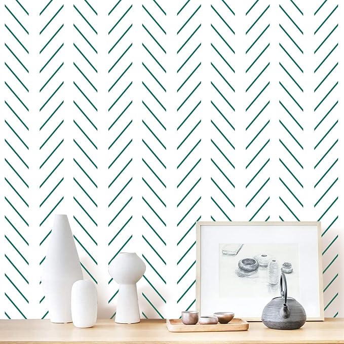 Erfoni Green and White Peel and Stick Wallpaper Herringbone Contact Paper for Bathroom 17.7inch x 118.1inch Modern Geometric Removable Wallpaper Peel and Stick Line Self Adhesive Contact Paper