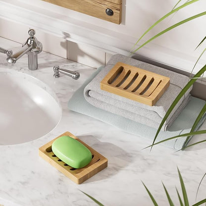 AmazerBath Soap Holder, Bamboo Soap Dish, Wooden Soap Holder Soap Dish, 2 Pack Bamboo Soap Holder, Soap Dishes for Bar Soap, Wooden Soap Tray, Kitchen Soap Tray Self Draining (Wooden Color)