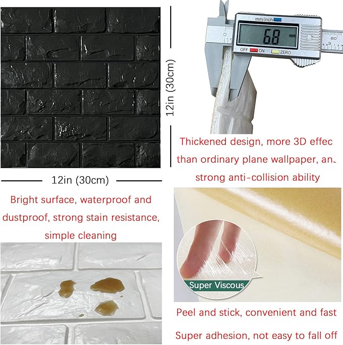 YU LI 3DH 3D Wall Panels Peel and Stick 11PCS Black Foam Brick Wallpaper for Bedroom Faux Stone Wall Panel Self-Adhesive Wallpaper (11PCS-10.65 Sq Ft, Black)