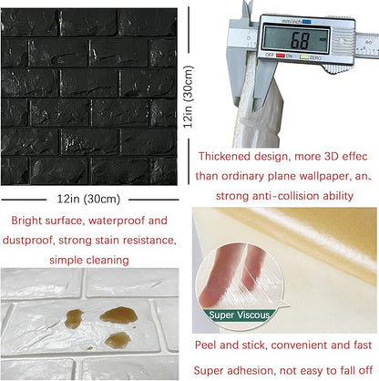 YU LI 3DH 3D Wall Panels Peel and Stick 11PCS Black Foam Brick Wallpaper for Bedroom Faux Stone Wall Panel Self-Adhesive Wallpaper (11PCS-10.65 Sq Ft, Black)