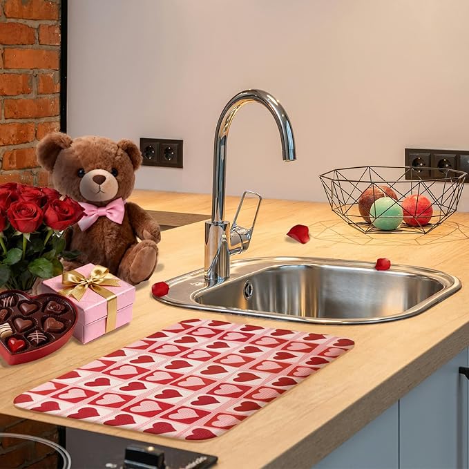 Valentine Dish Drying Mat, Ultra Absorbent Valentines Day Drying Mat for Kitchen Counter, Coffee Maker, 18 x 24 Inch