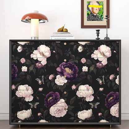 Dark Purple Floral Peelable Wallpaper, Vintage Black Botanical Flower Self Adhesive Removable Wall Paper for Bedroom Cabinet Drawer, Vinyl Retro Contact Paper Black Dark Purple 17.5In x 118In