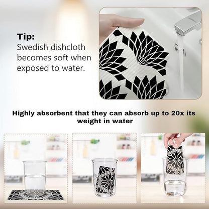 Geometric Swedish Dish Cloths Kitchen Cleaning Cloths 6 Pack, Reusable Dishcloths, Washable Absorbent Cellulose Sponge No Odor, Eco Dish Towels for Dish Washing, Gifts for Women Hostess