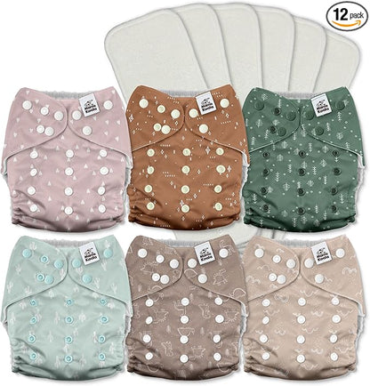 Mama Koala 3.0 Pocket Cloth Diapers for Babies with AWJ Lining, 6 Pack with 6 5-Layer Natural Cloth Diaper Inserts - Reusable and Washable Pocket Diapers(A-My Warm Heart)