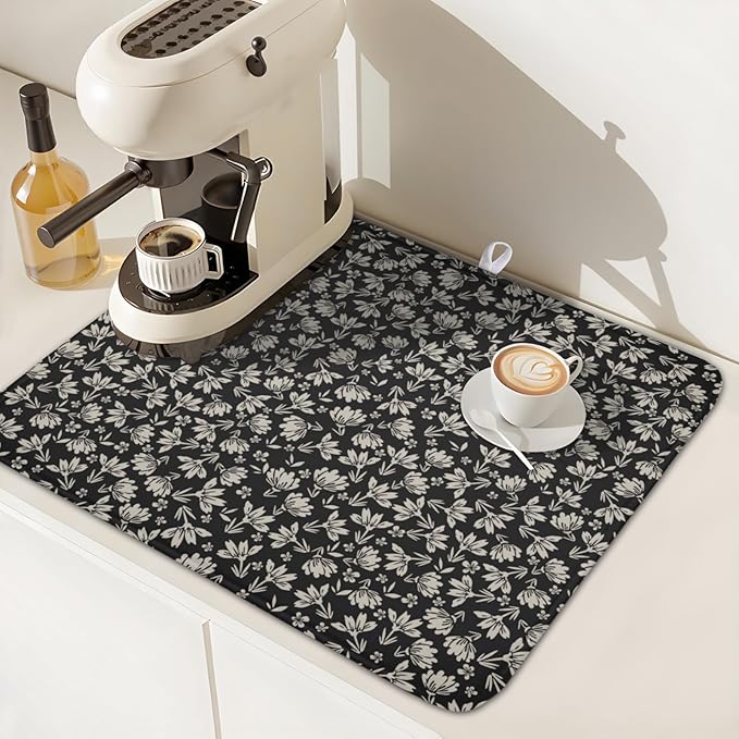 Floral Dish Drying Mat for Kitchen Counter 18x16 Inch Black Flower Drying Mat with Absorbent Reversible Microfiber Holiday Season Spring Dish Drainer Mats Rack Pad for Coffee Countertop Protector