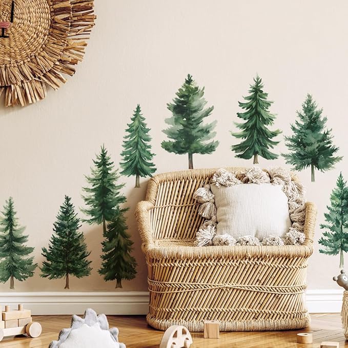 Watercolor Pine Tree Wall Decals Green Pine Tree Wall Sticker Forest Nature Woodland Home Decor for Nursery Bedroom Living Room