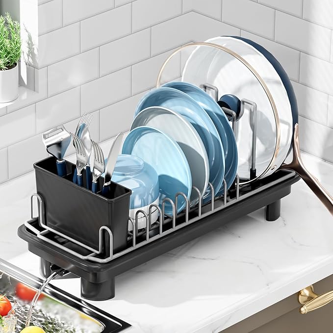 Compact Dish Drying Rack with Utensil Holder – Small Countertop Dish Drainer with 360° Rotating Drain Spout, Stainless Steel Dish Rack for Kitchen Sink, Space-Saving Design for Small Kitchen