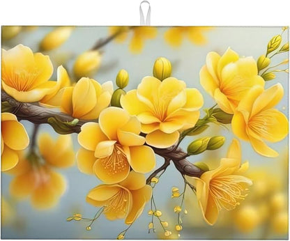Yellow Flower Dish Drying Mats for Kitchen Counter, Absorbent Reversible Microfiber Dish Drying Pad, Multi-Use Large Drying Mat Coffee Bar Accessories 18"x24"
