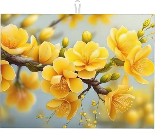 Yellow Flower Dish Drying Mats for Kitchen Counter, Absorbent Reversible Microfiber Dish Drying Pad, Multi-Use Large Drying Mat Coffee Bar Accessories 18"x24"