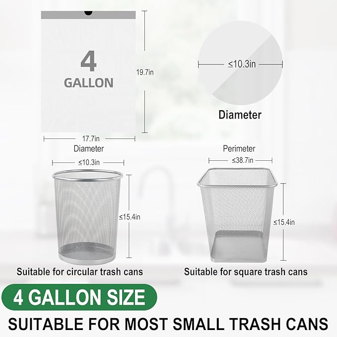 400 Counts 4 Gallon Trash Bag Drawstring Small Trash Bags, Thick Pre-separated Garbage Bags, Trash Bin Liners, Suitable for bathroom, kitchen, bedroom, office (White)