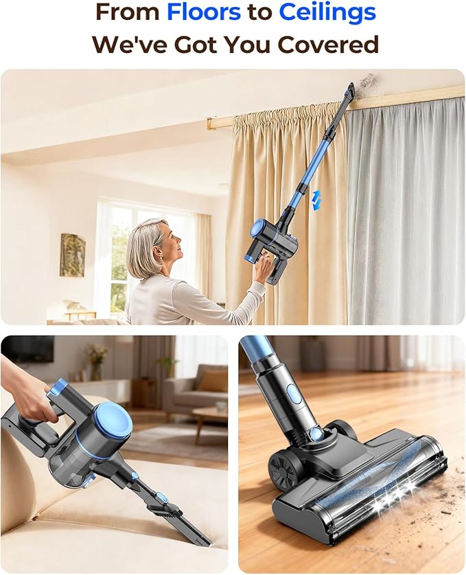 UML0 N8 Cordless Vacuum Cleaner,Lightweight Stick Vacuum with Powerful Suction,2200mAh Battery,40 Mins Runtime, Self-Standing,Rechargeable Vacuum Cleaners for Home Hardwood Floor Pet Hair (Azure)