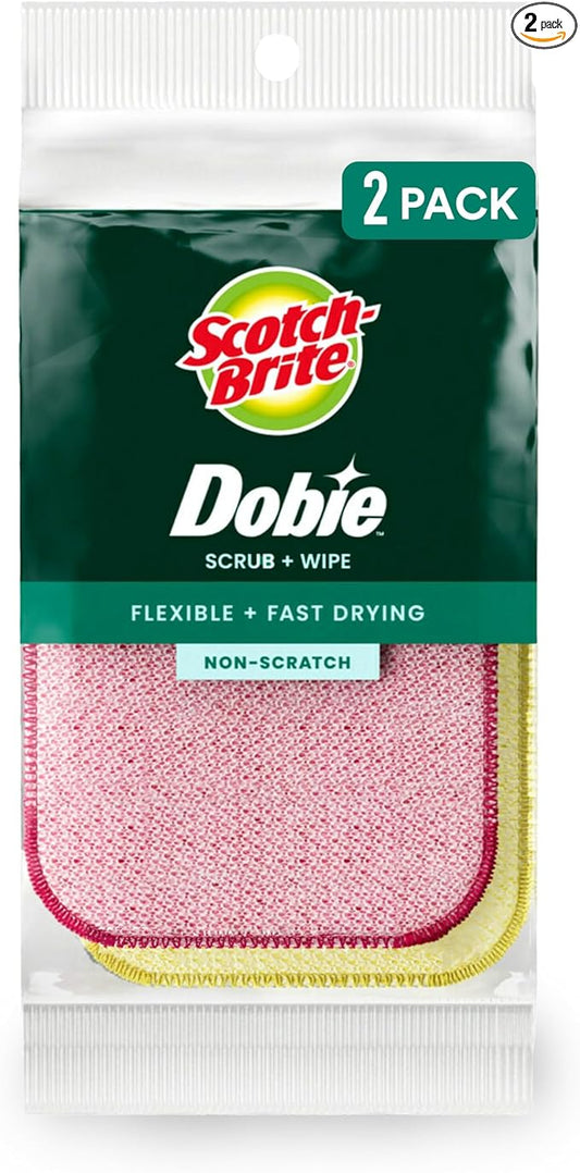 Scotch-Brite Dobie Scrub & Wipe Cloths, Sponge Cloths for Cleaning Kitchen, Bathroom, and Household, Dobie Scrub and Wipe Cloth Absorbs and Doesn't Scratch, 2 Cleaning Cloths