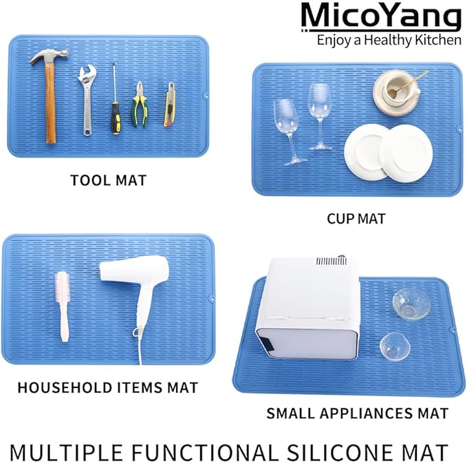 MicoYang Silicone Dish Drying Mat for Multiple Usage,Easy clean,Eco-friendly,Heat-resistant Silicone Mat for Kitchen Counter or Sink,Refrigerator or Drawer Liner Lichen BlueL 3XL 28 inches x 18 inches