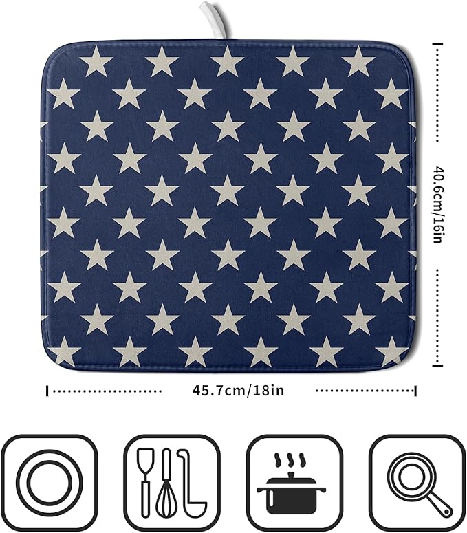Patriotic July of 4th Blue Star Dish Drying Mat for Kitchen Counter 16x18 Memorial Independence Day Absorbent Reversible Microfiber Drying Mats Kitchen Countertop Protector Dishes Drainer Pad