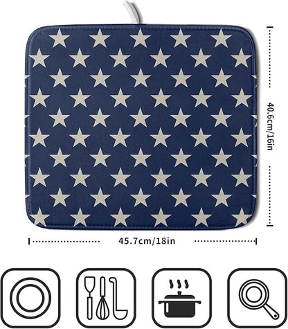 Patriotic July of 4th Blue Star Dish Drying Mat for Kitchen Counter 16x18 Memorial Independence Day Absorbent Reversible Microfiber Drying Mats Kitchen Countertop Protector Dishes Drainer Pad