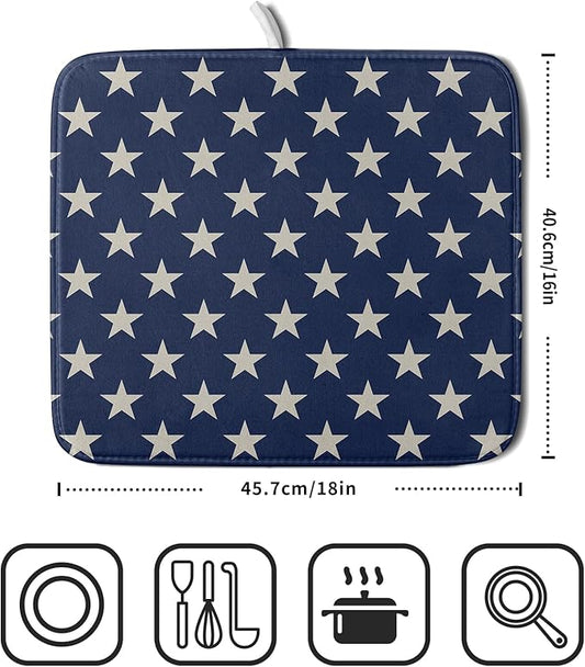 Patriotic July of 4th Blue Star Dish Drying Mat for Kitchen Counter 16x18 Memorial Independence Day Absorbent Reversible Microfiber Drying Mats Kitchen Countertop Protector Dishes Drainer Pad