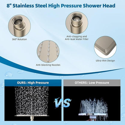 Hibbent All Metal cUPC Certified Shower Head, 8'' High Pressure Rain Shower Head, Handheld Showerhead Combo with 16'' Adjustable Extension Arm, 10 Sprays, 71'' Hose, Showerhead Holder, Brushed Nickel