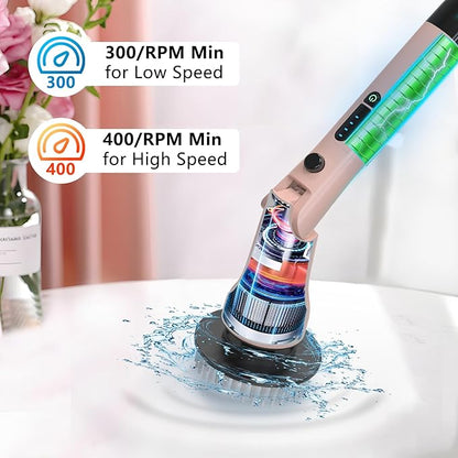 Electric Spin Scrubber, Hillyfe Bathroom Scrubber Electric with 7 Replaceable Brush Heads, IPX7 Waterproof,300/400 RPM, 3 Adjustable Length,Scrubber Brush Electric for Bathtub Floor,Pink