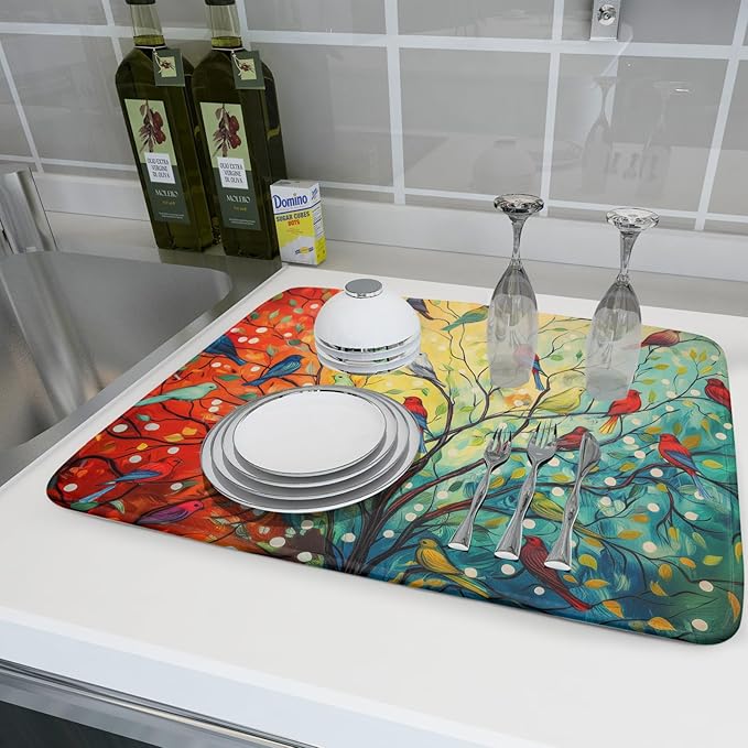 Spring Summer Floral Birds Dish Drying Mat for Kitchen Counter 18x24 Inch Spring Colorful Floral Kitchen Drying Mat Fast Dry Absorbent Microfiber Dish Drainer Rack Pad Flower Mat for Countertop Decor