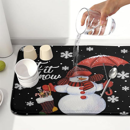 Winter Snowman Dish Drying Mat, Christmas Snow Dish Drying Mat for Kitchen Counter, Christma Cute Snowman Absorbent Fast Dry Dish Drainer Mat Protector Xmas Microfiber Dish Drying Pad 16x18 Inch