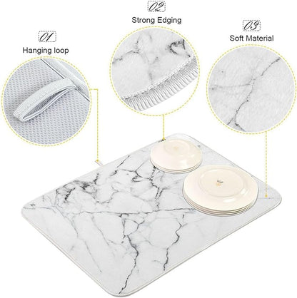 White Grey Marble Dish Drying Mat for Kitchen Counter Absorbent Microfiber Drying Pad, Medium 16x18 in, Reversible Drainer Mats