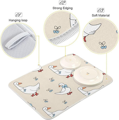 Goose Blue Hearts and A Bow Dish Drying Mat for Kitchen Counter 18x24 inch Super Absorbent Drying Mat Large Dish Drying Mats for Kitchen Countertop Protector Dishes Pad