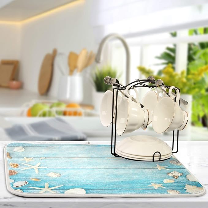 Seashells Starfish Dish Drying Mat for Kitchen Counter Super Absorbent Dish Mat Large Drying Kitchen Mat 18X24inch Dish Drying Matt for Kitchen Dish Drying Mat