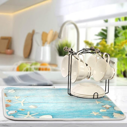 Seashells Starfish Dish Drying Mat for Kitchen Counter Super Absorbent Dish Mat Large Drying Kitchen Mat 18X24inch Dish Drying Matt for Kitchen Dish Drying Mat