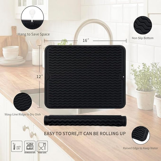 MicoYang Silicone Dish Drying Mat for Multiple Usage,Easy clean,Eco-friendly,Heat-resistant Silicone Mat for Kitchen Counter or Sink,Refrigerator or drawer liner Black L 16 inches x 12 inches