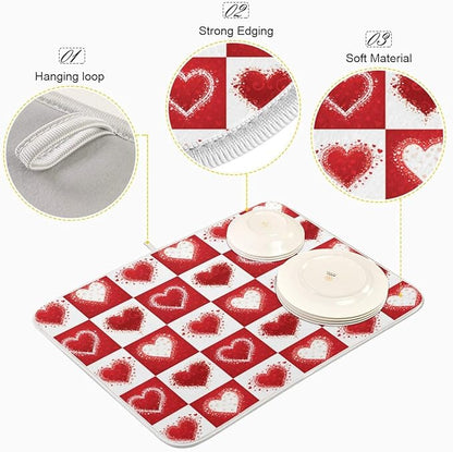 Valentine's Day Love Heart Red Buffalo Plaid Dish Drying Mat 16x18 for Kitchen Mother's Day Rose Pink Flowers Dishes Pad Dish Drainer Rack Mats Absorbent Fast Dry Kitchen Accessories