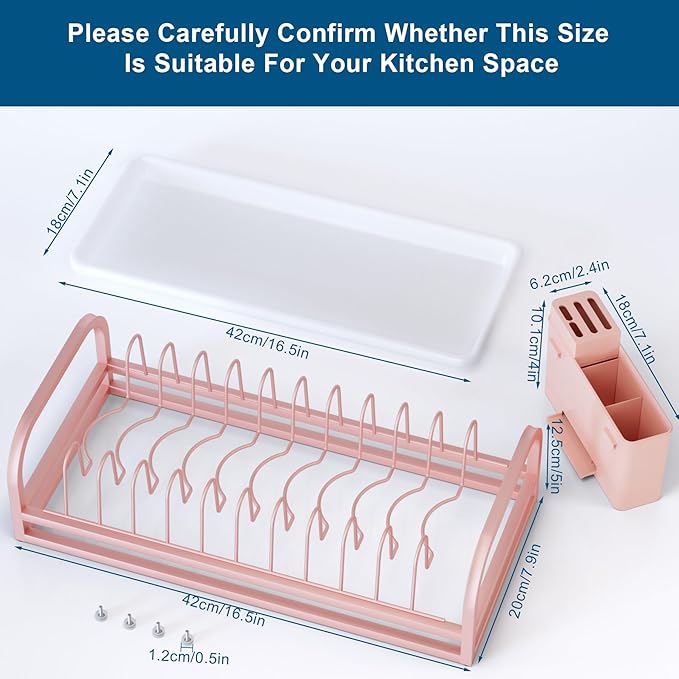 Pink Dish Rack - Small Dish Drying Rack for Limitied Kitchen Counter, Narrow Stainless Steel Dish Drainer w Tray, Cutlery Holder, Cute Kitchen Appliances Organizer for A Lovely You